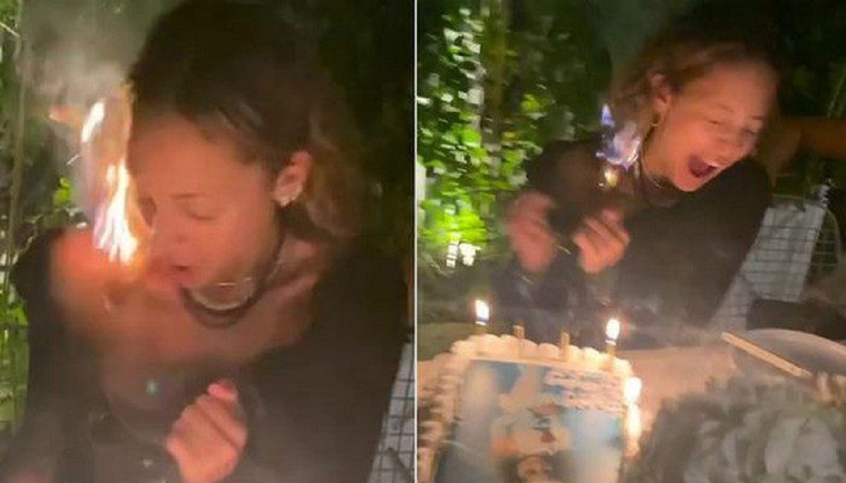 en voulant souffler les bougies de son gâteau d'anniversaire, ses cheveux prennent feu (vidéo)