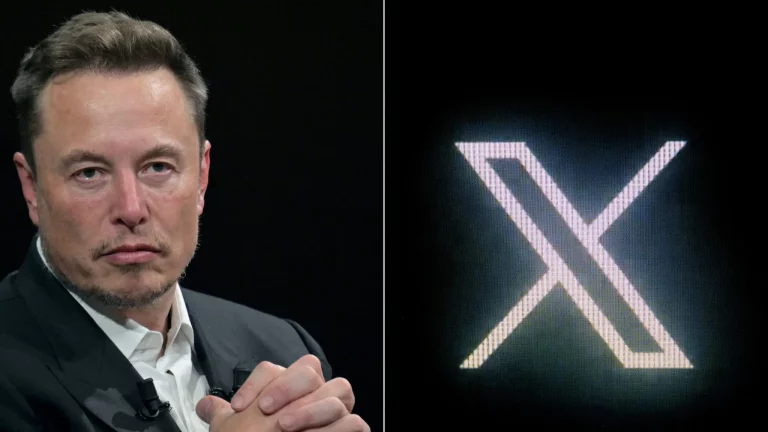 Elon Musk et logo de X. Crédit_ AFP